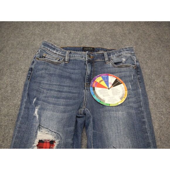 Judy Blue Skinny Fit Jeans Size 11/30 Lined Buffalo Plaid Blue Distressed Denim - Picture 2 of 12